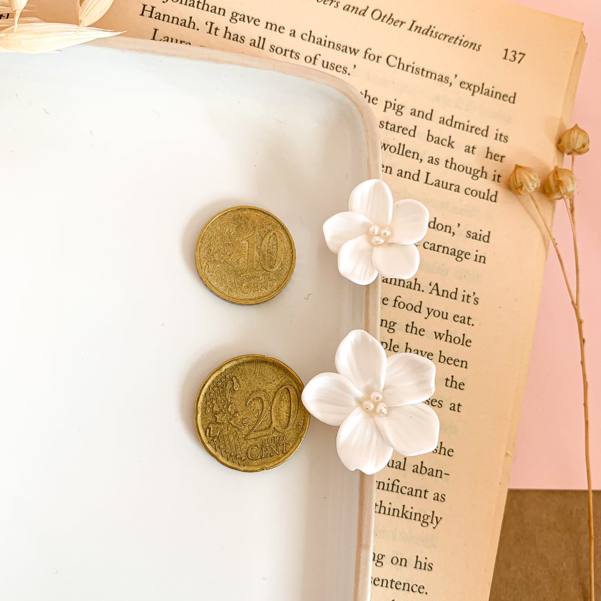 white bridal earrings 20 cent and 10 cent euro coin reference size