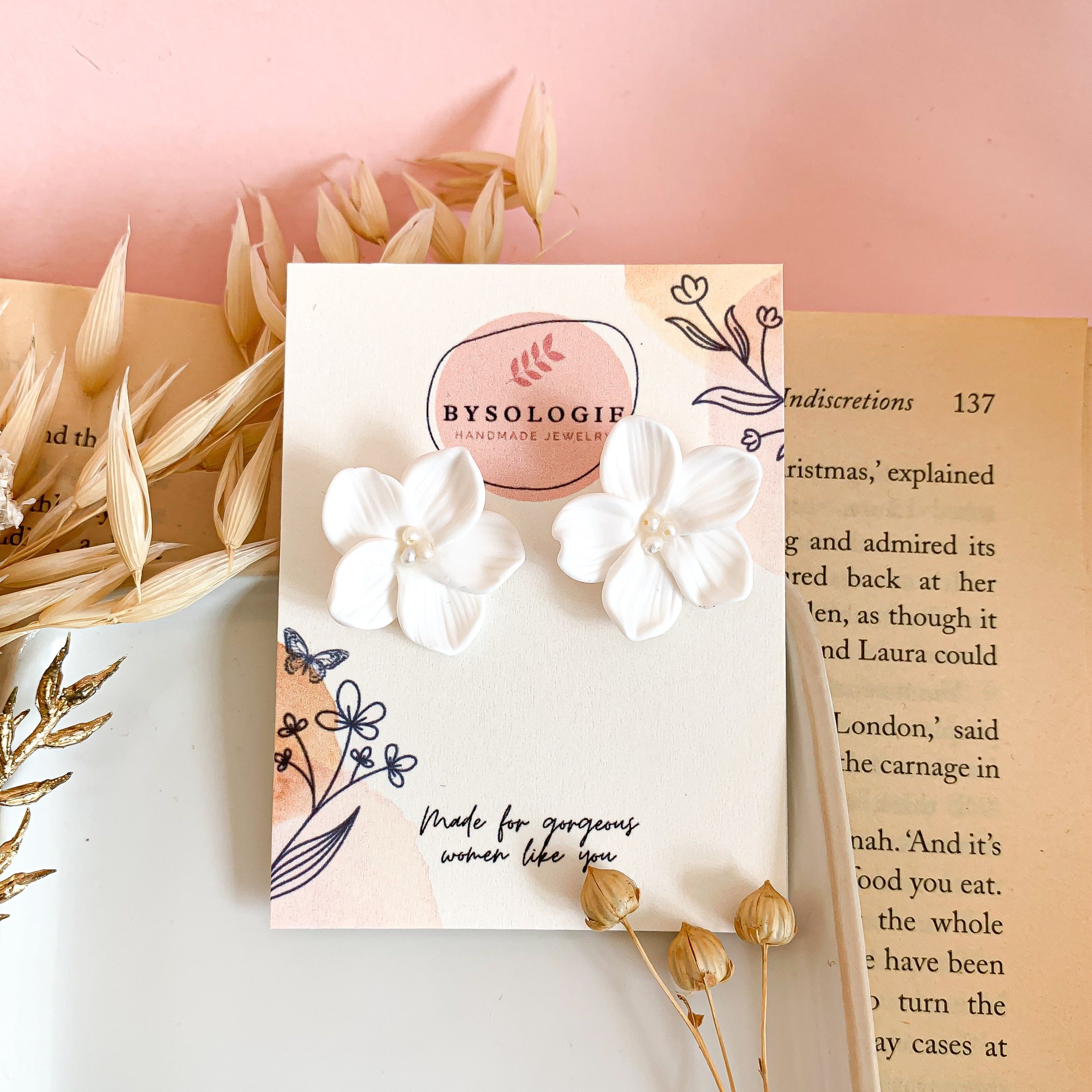 Dainty White Polymer Clay Flower Stud Earrings