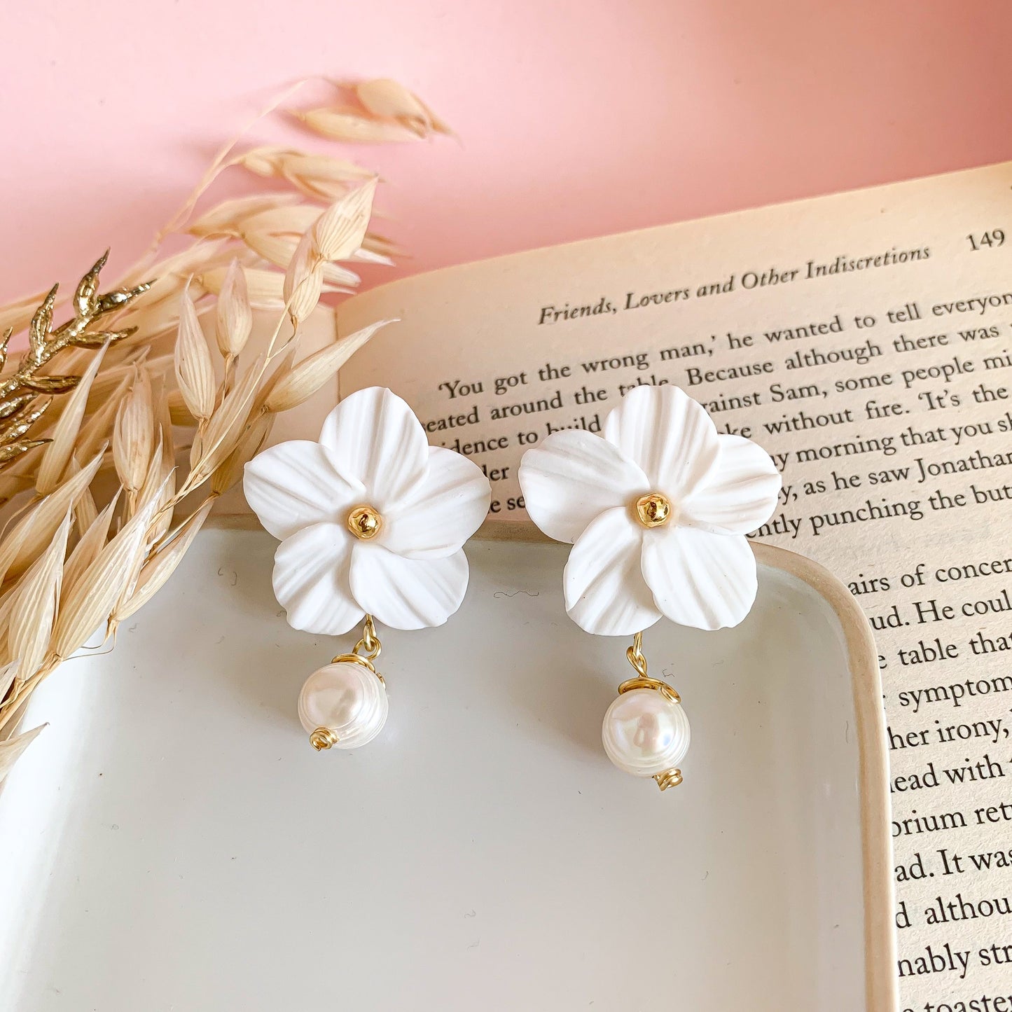 white flower drop pearls earrings handmade in polymer clay