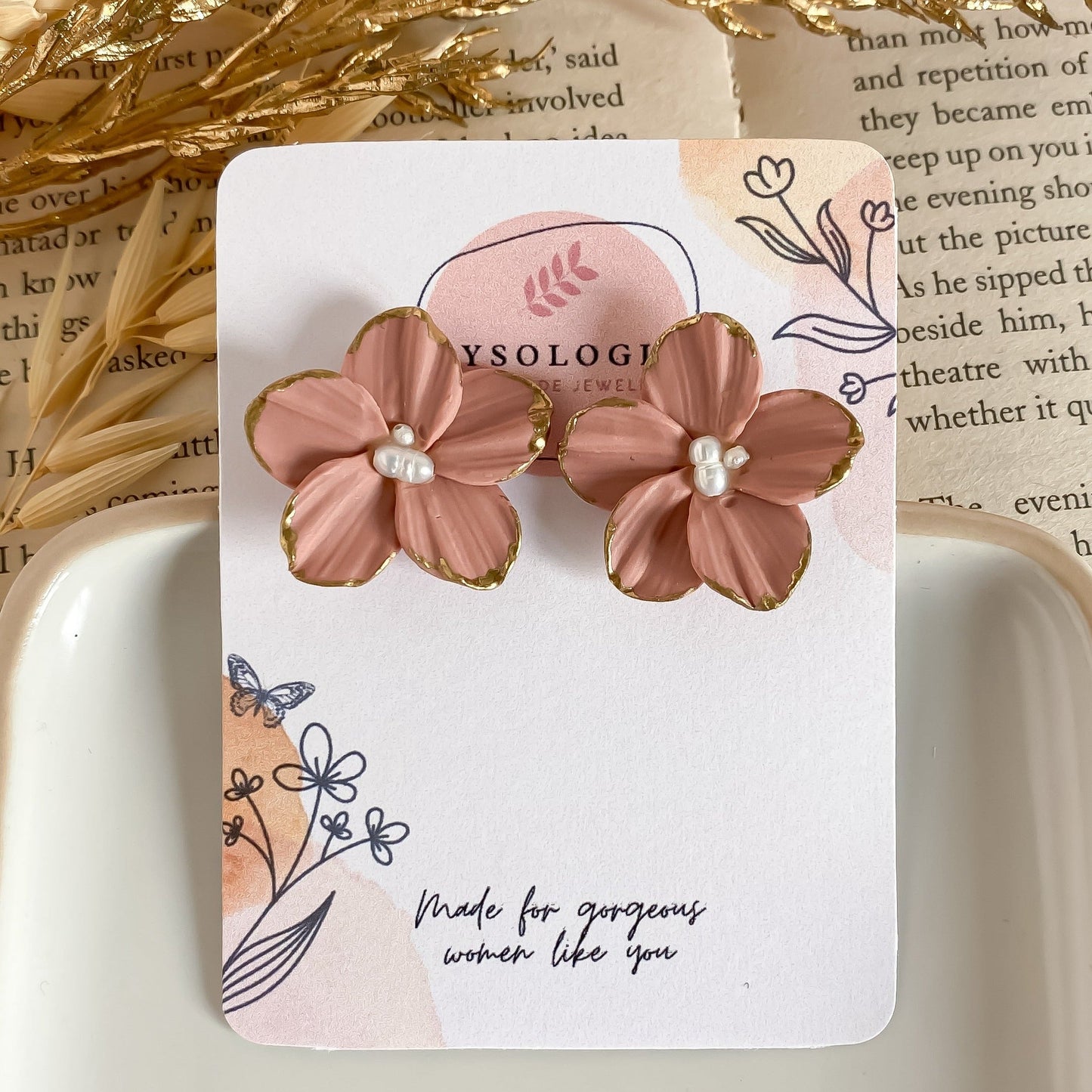 Flora- Blush floral stud earrings with pearls