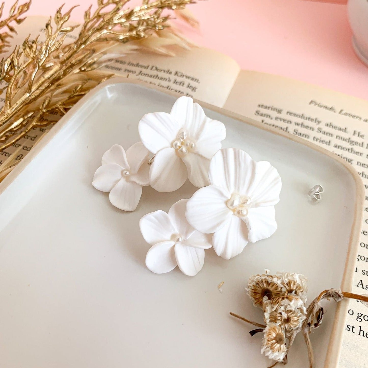 Double white flower with silver applique earrings