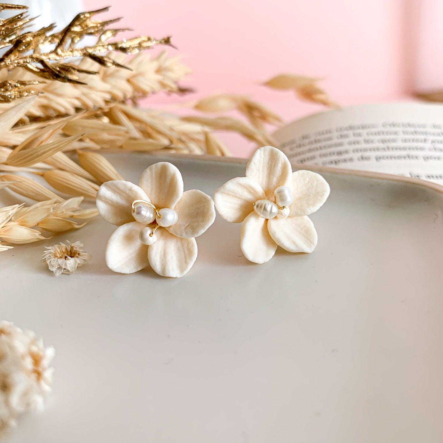 small flower stud earrings with pearls with gold plated wire