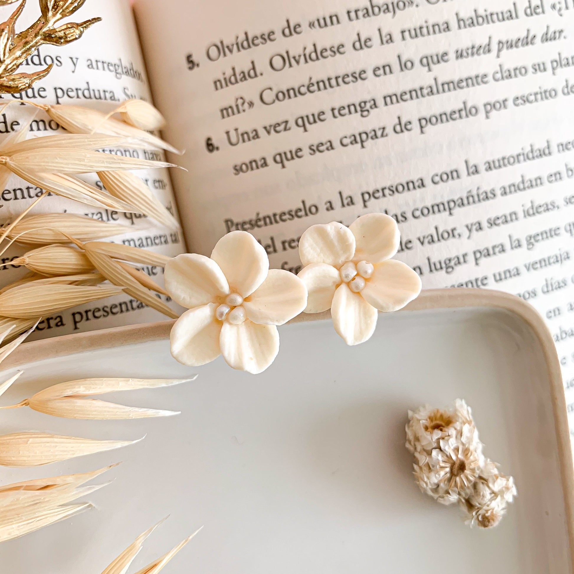 Ivory flower earrings with tiny pearl earrings