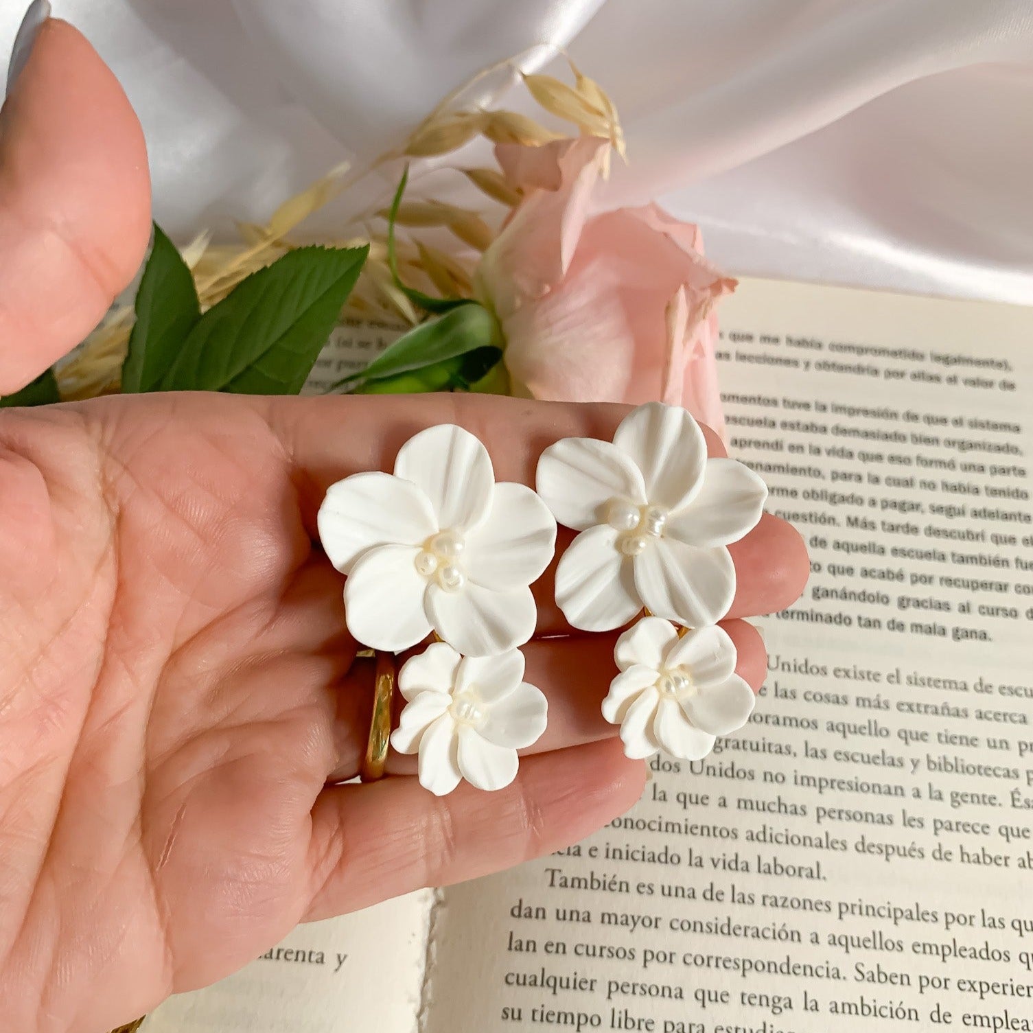 hand-measured double flower bridal earrings