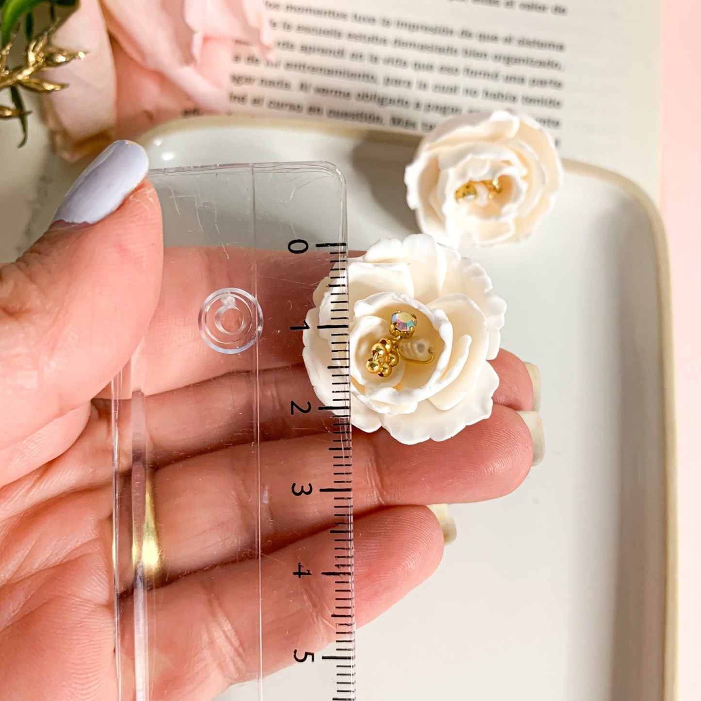 peony earrings measured with the ruler 