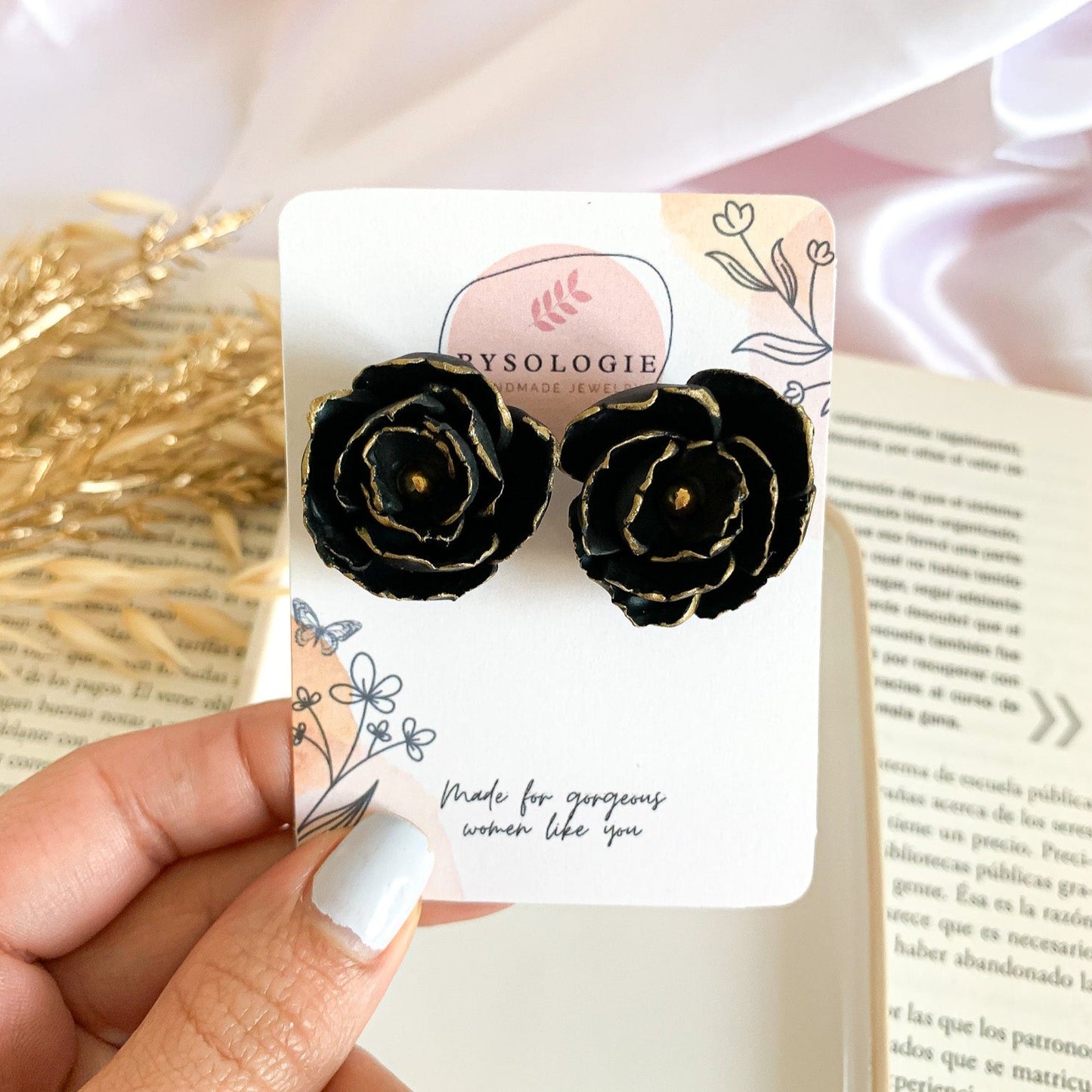 Black peony stud earrings