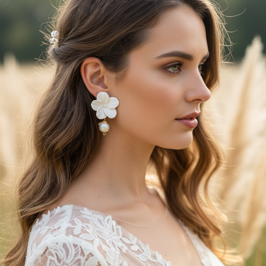 Bella- White flower earrings with convertibles pearls drops