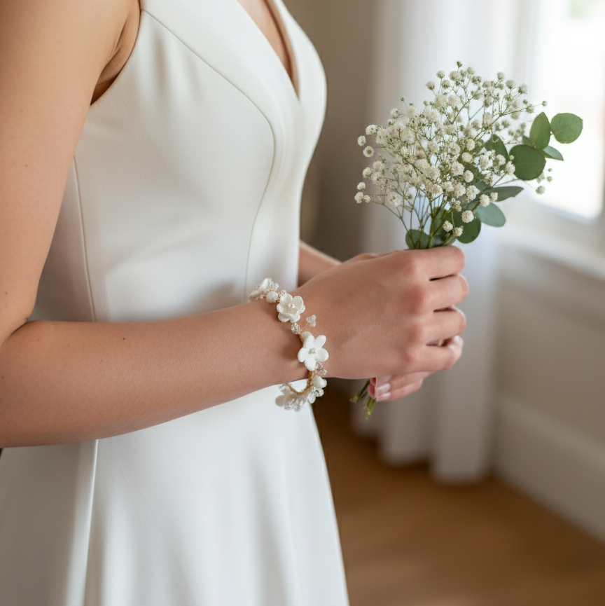 bride in a white dress holding a small bouquet of flowers wearing a floral clay bracelet