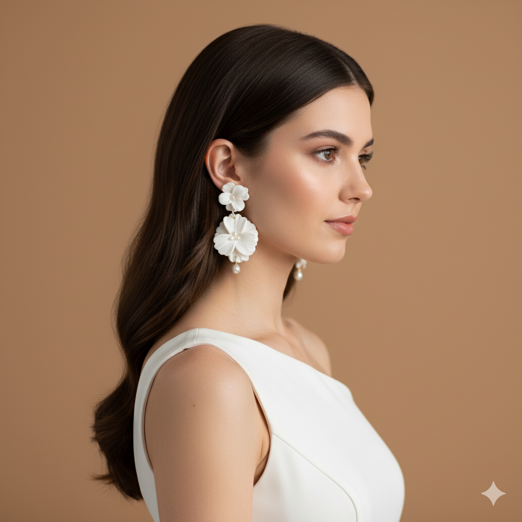 Woman wearing white floral earrings against a brown background