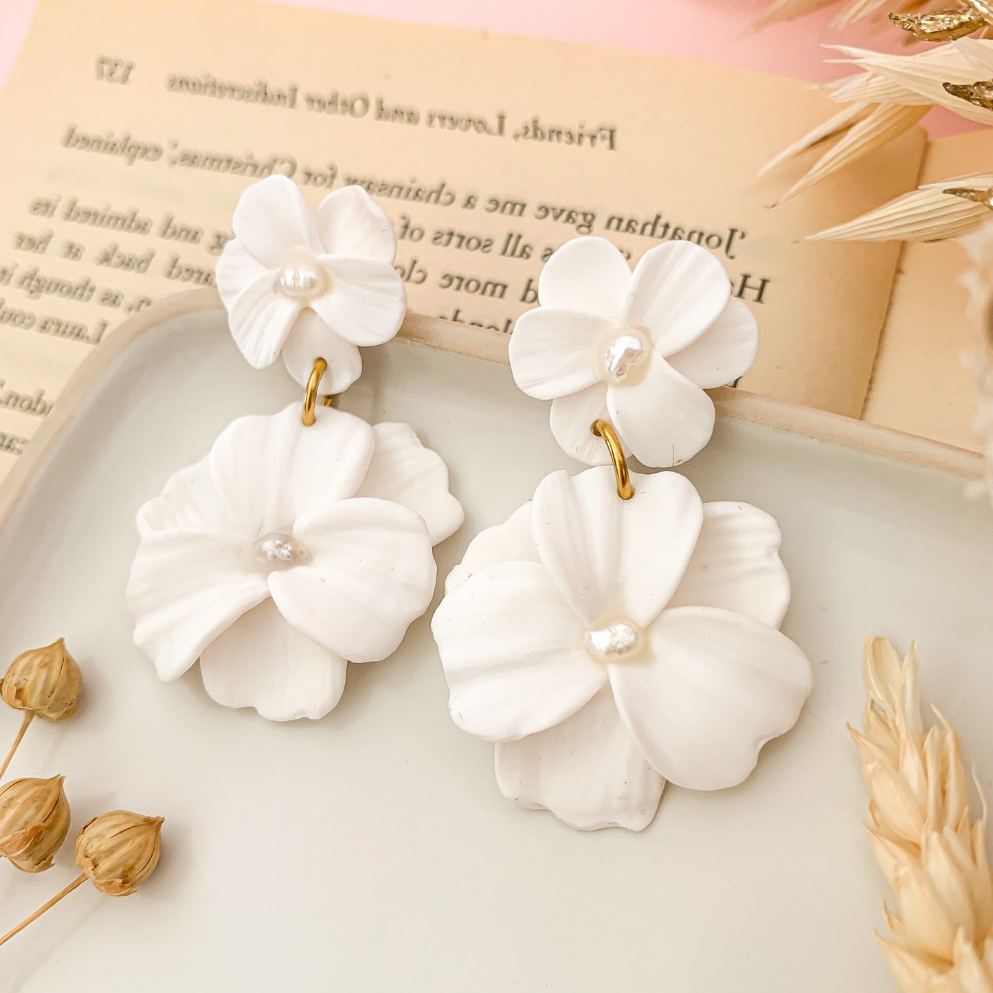 Flower Stud Drop Earrings with pearl in other angle