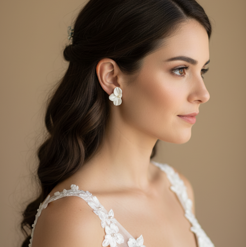 Woman wearing a white lace dress with a flower stud earrings