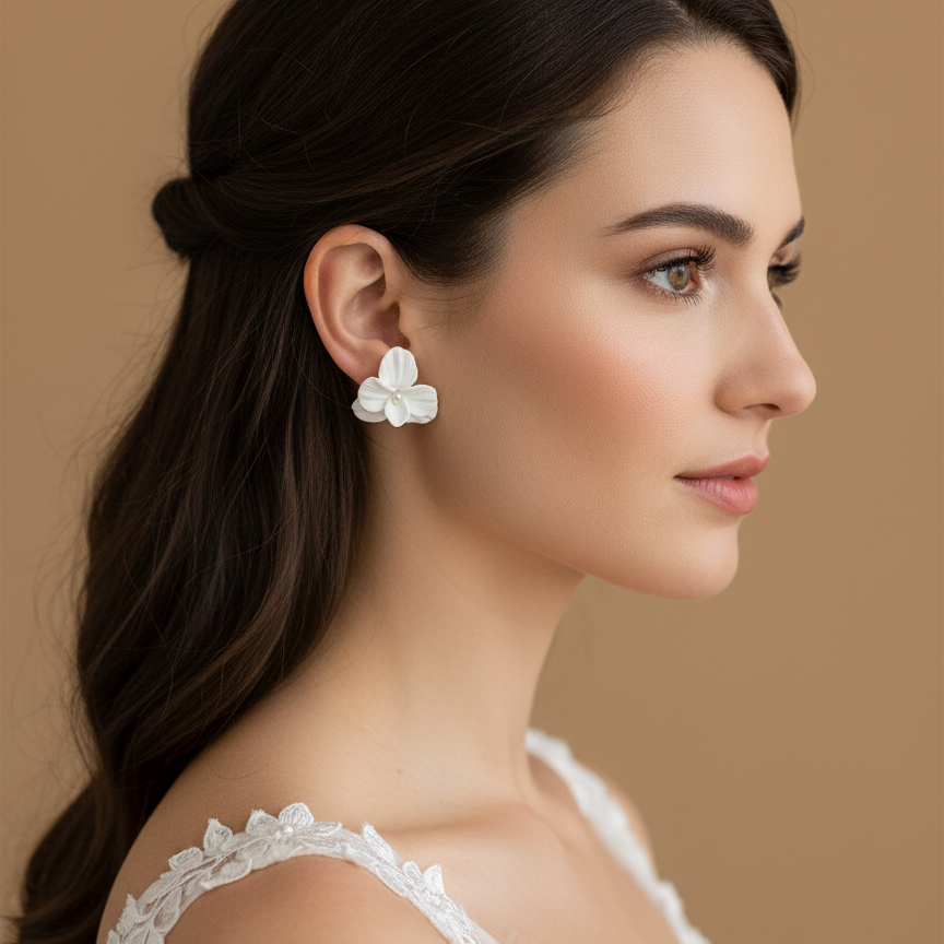 Woman wearing white floral earrings with a floral dress