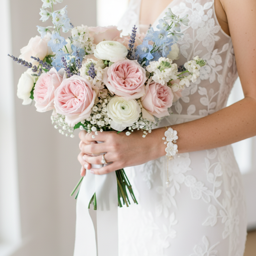 Bride holding a bouquet of flowers with a floral bracelet