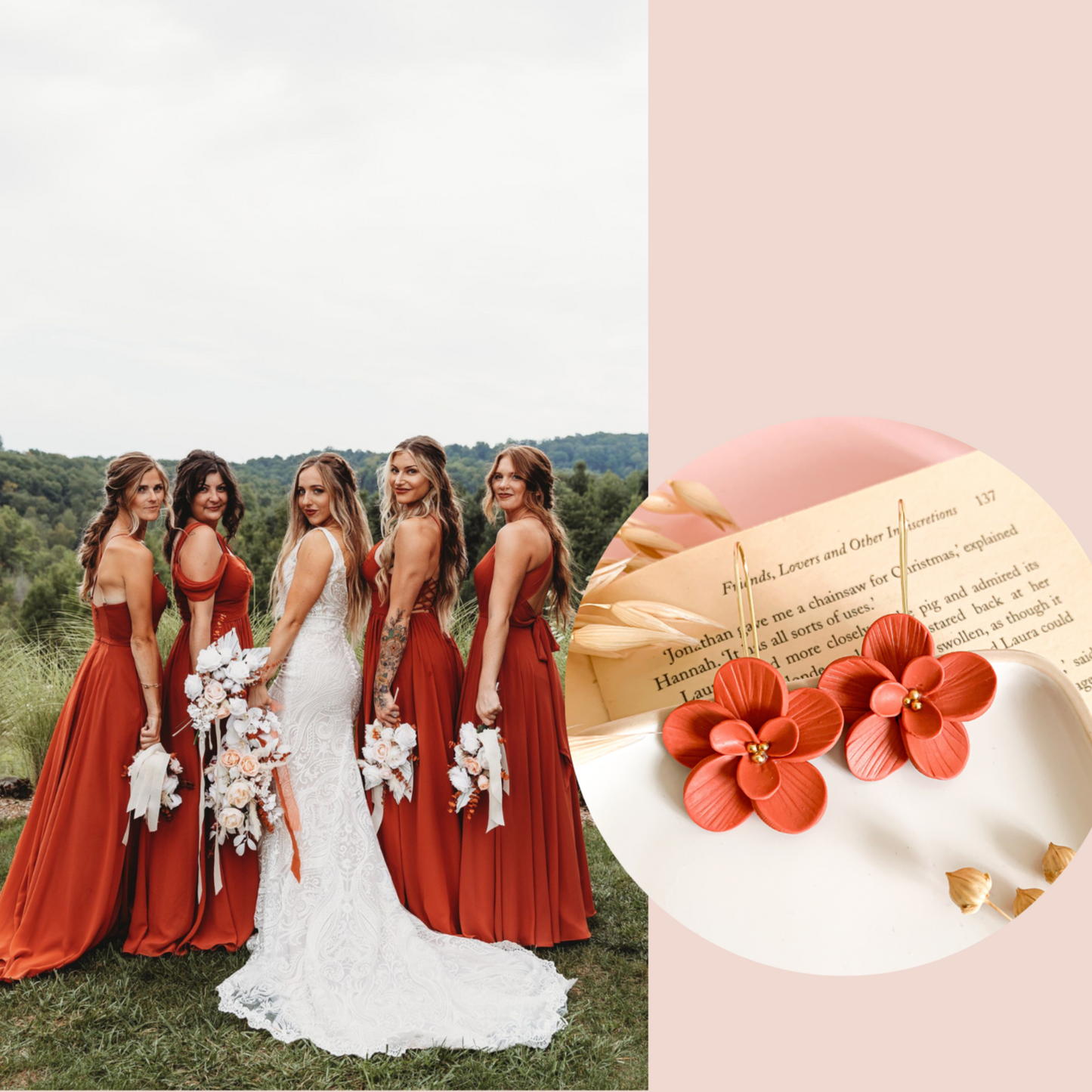 bruidsmeisjes ideeën met terracotta bloemen oorbellen