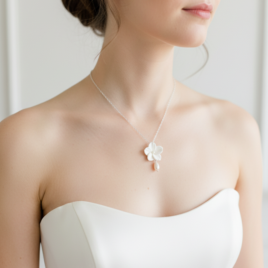 Woman wearing a delicate necklace with a white flower pendant 