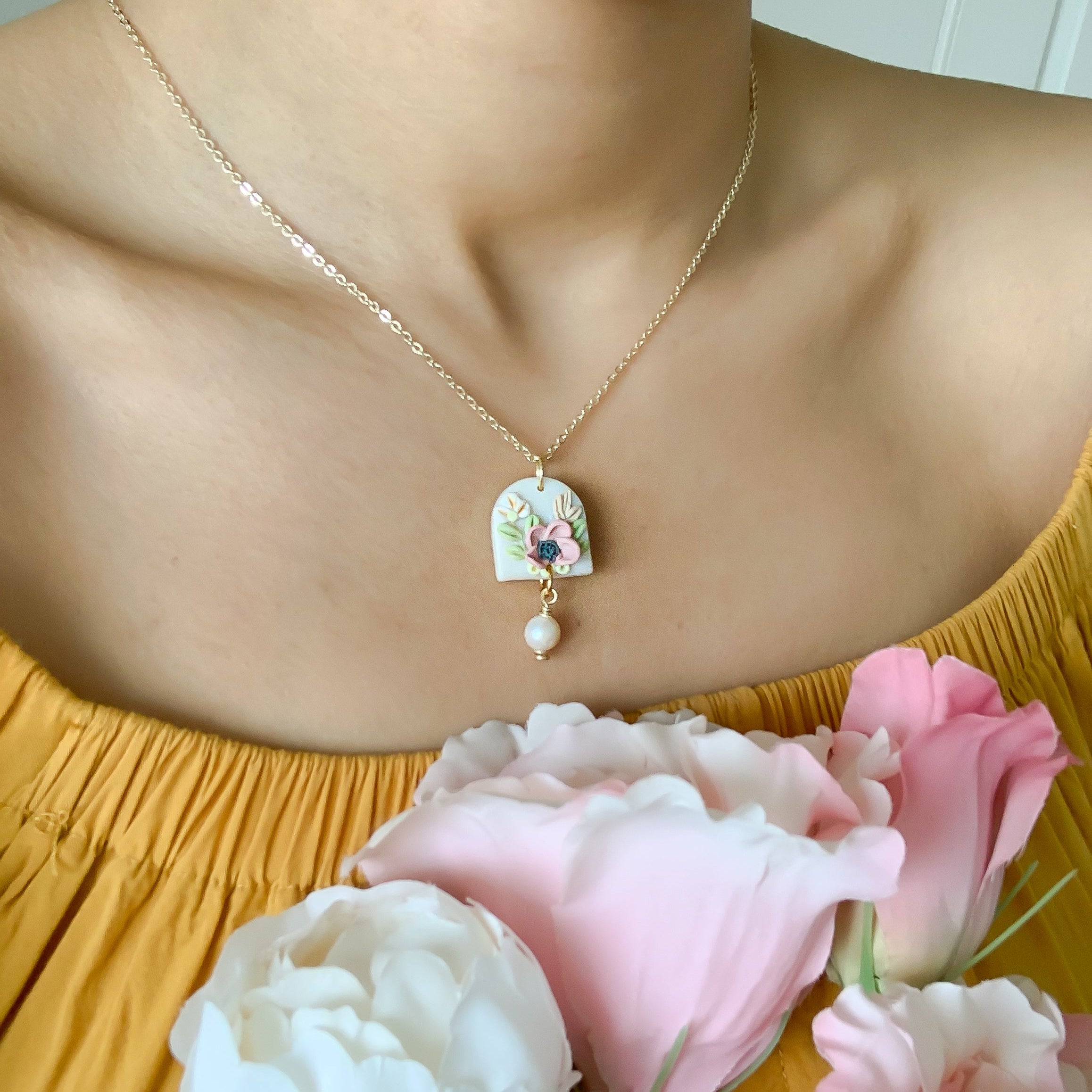 floral clay necklace with pearl drop