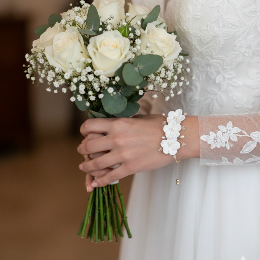Bride holding a bouquet of white roses and greenery, wearing a white dress with lace details.