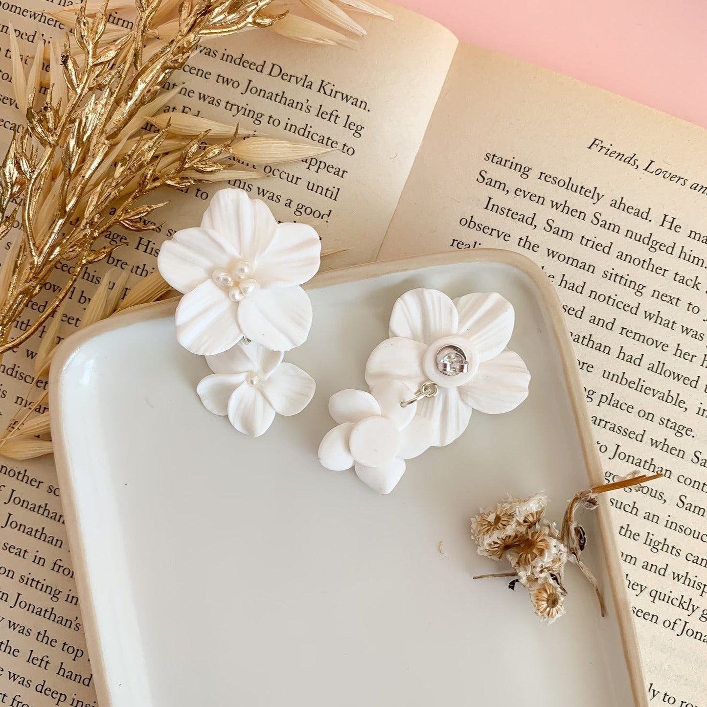 Double white flower with back view earrings