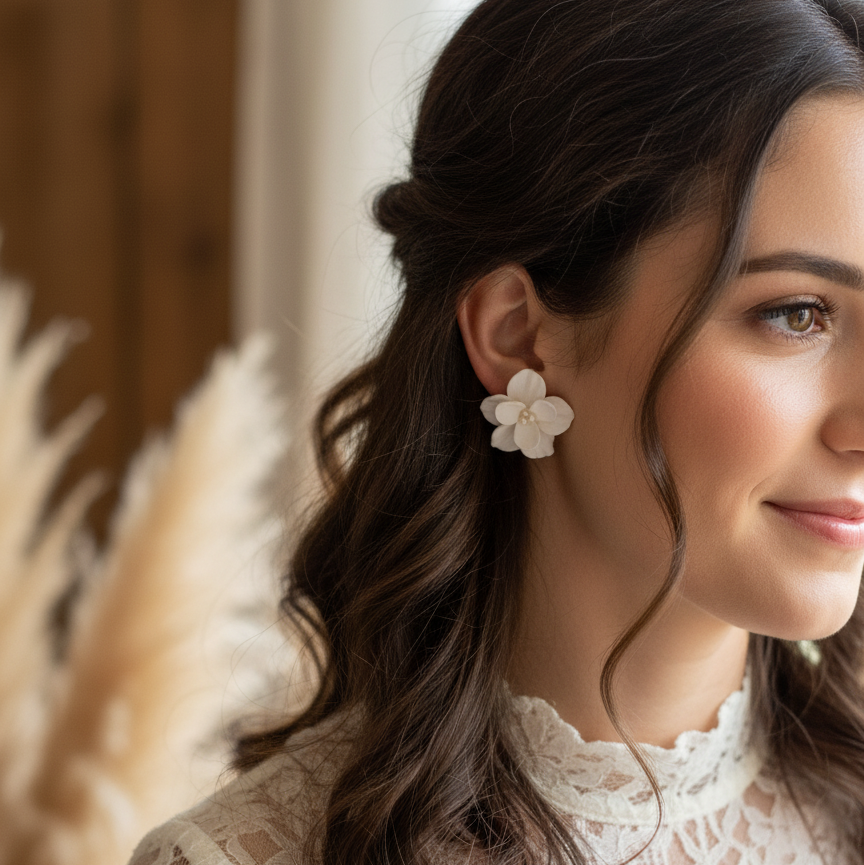Bride wearing a floral clay earring with a floral lace dress