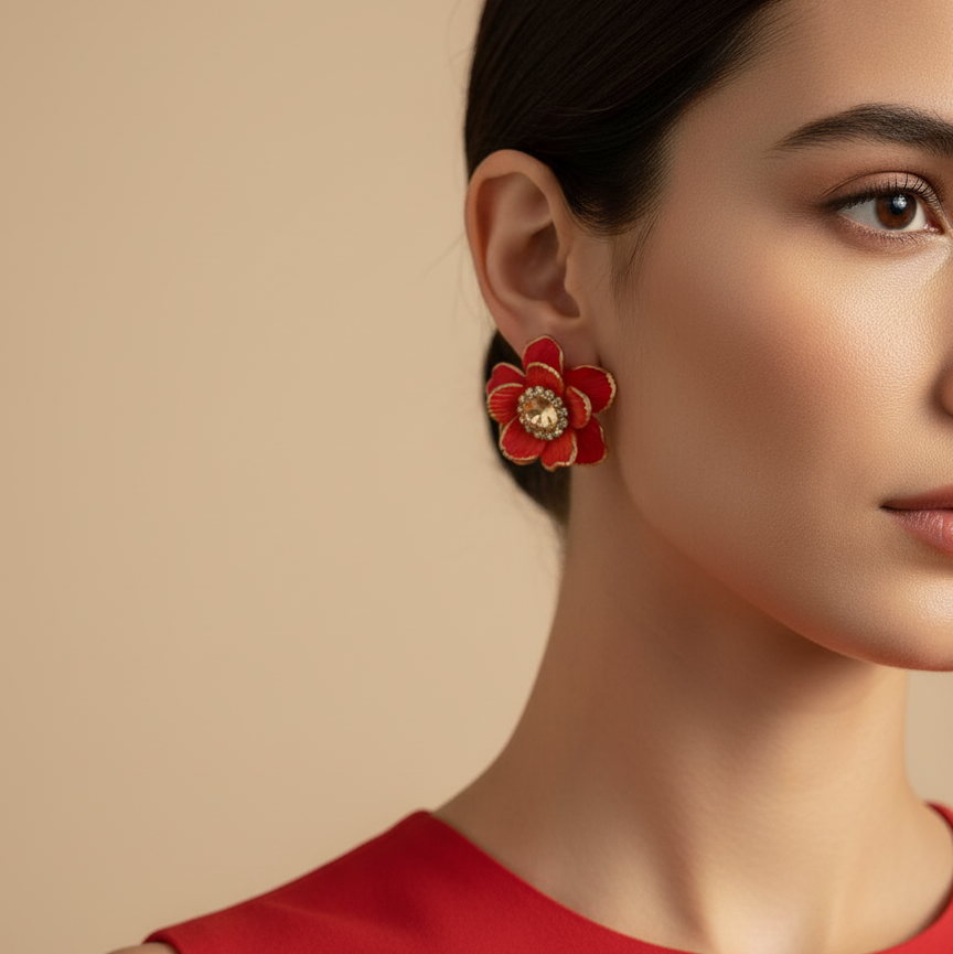 Woman wearing a red floral earring 