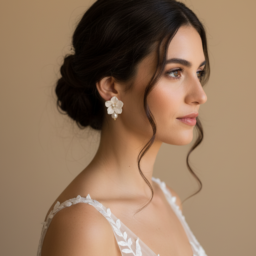 Woman wearing a white lace dress with white flower earrings with pearls