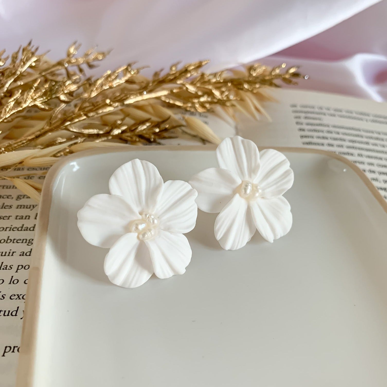white porcelain flower earrings with sterling silver posts